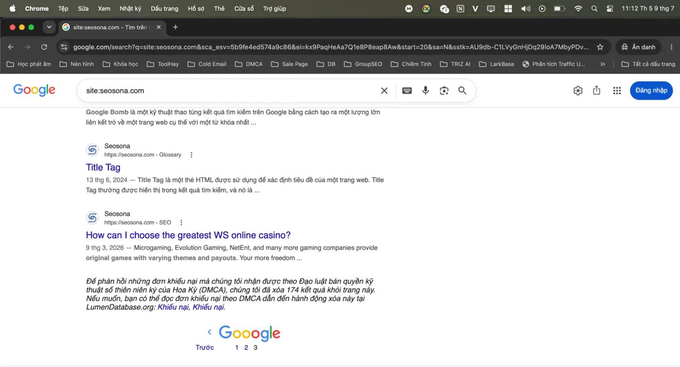 Google Search site:seosona.com lúc 11:12 — chỉ còn 3 trang và thông báo đã xóa 174 kết quả do khiếu nại DMCA