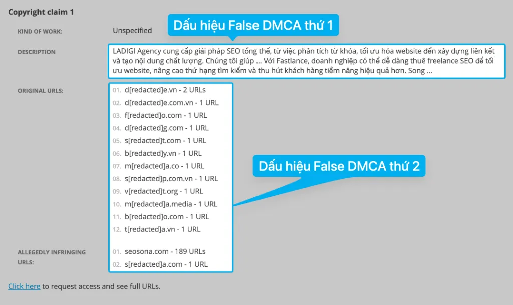 Dấu hiệu DMCA xạo: Copy paste mô tả từ agency khác và số lượng URL bất hợp lý