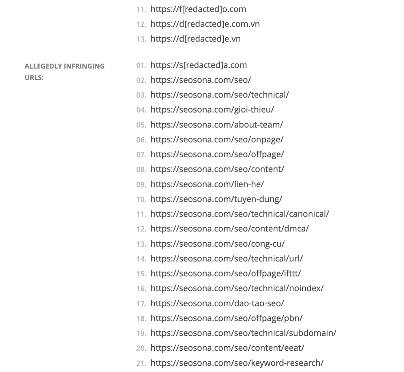 Danh sách chi tiết URL bị report DMCA trên Lumen Database