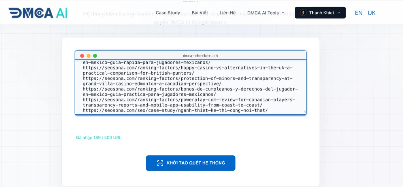 Giao diện công cụ DMCA AI check-dmca đang quét danh sách URL SEOSONA