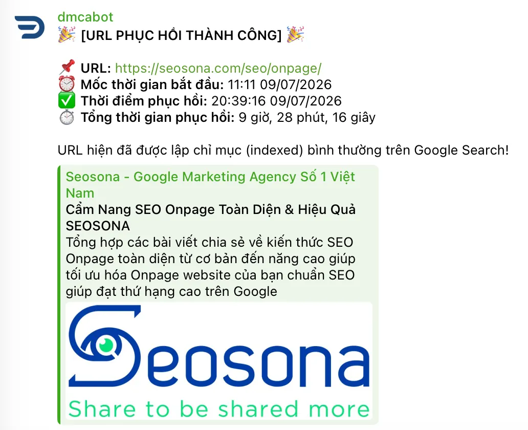 Thông báo dmcabot URL phục hồi thành công sau 9 giờ 28 phút — seosona.com/seo/onpage