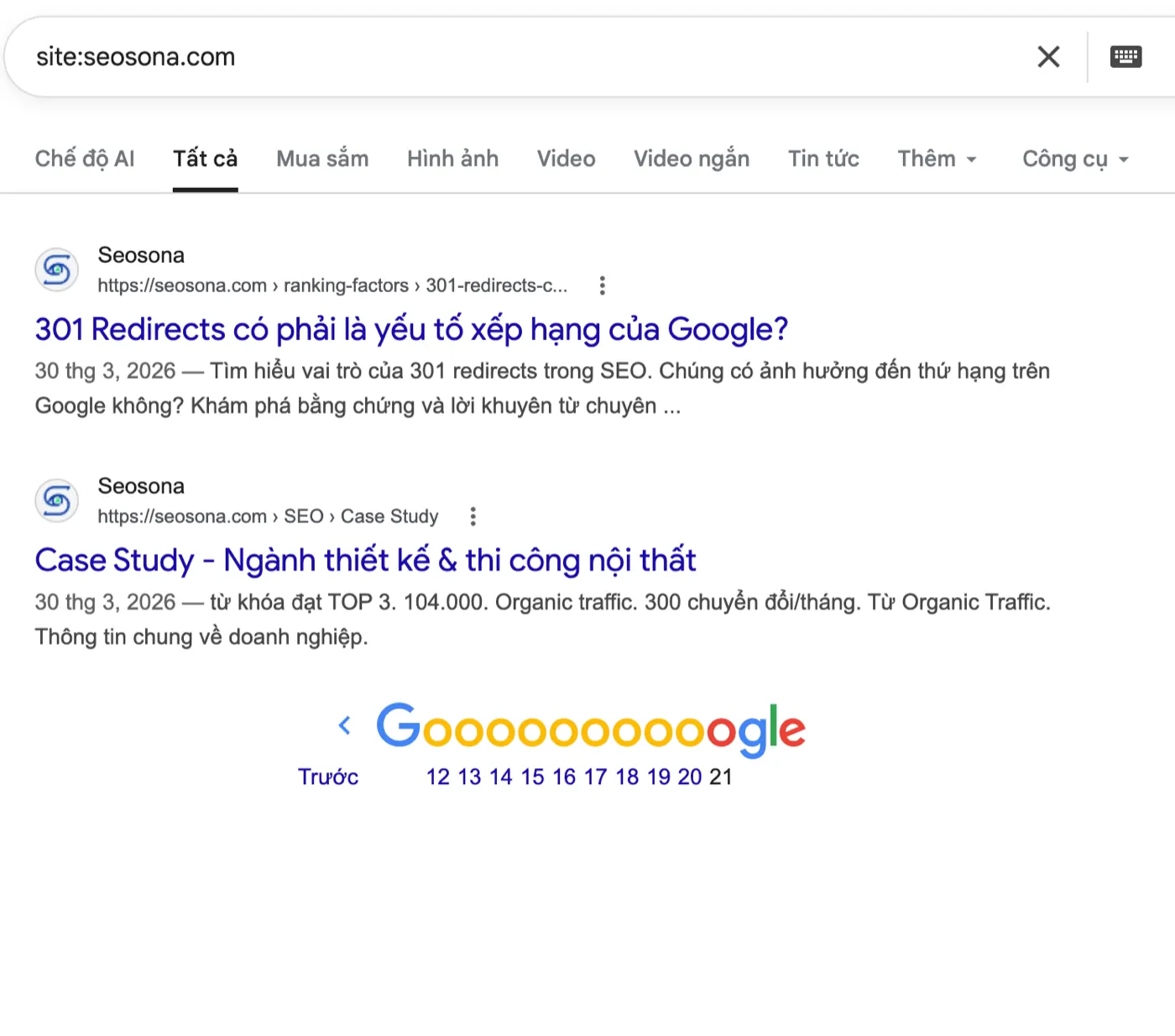 Google site:seosona.com sau phục hồi — phân trang tới trang 21, không còn banner DMCA
